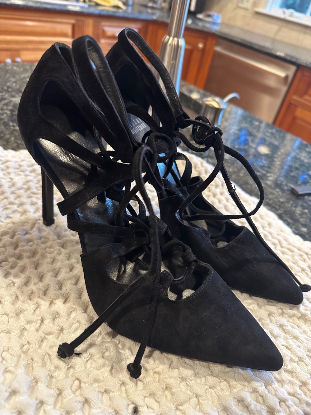 Stuart Weitzman Black Suede Lace-Up Pointed-Toe Heels - Picture 5 of 5